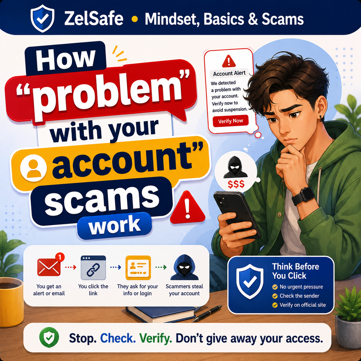 ZelSafe awareness card about problem with your account scams
